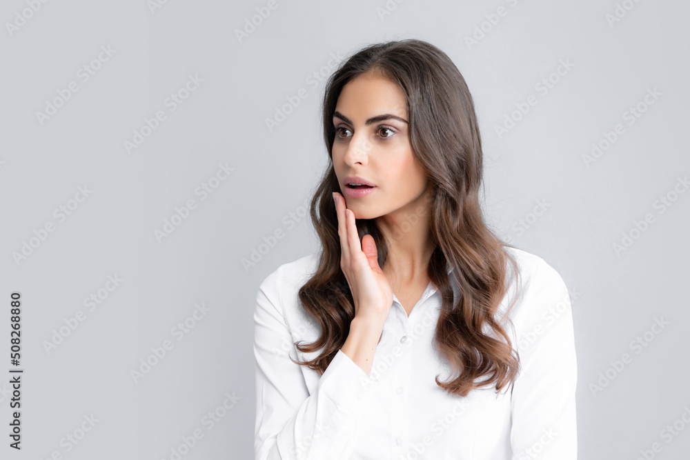 Portrait of young woman thinking, looking up empty space. Thoughtful serious model in studio looking away. Young female model face. Girl thought choose decide solve problems. Portrait of young woman thinking, looking up empty space. Thoughtful serious model in studio looking away. Young female model face. Girl thought choose decide solve problems.