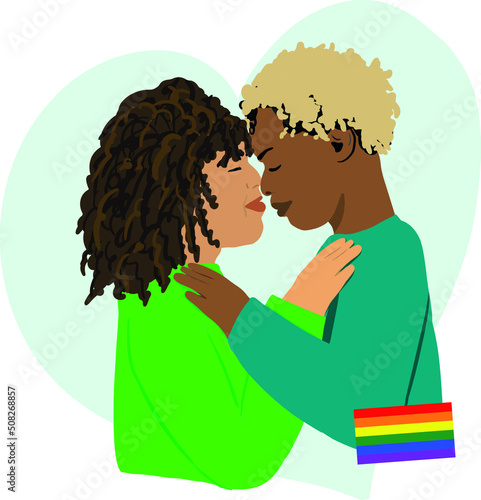 Couple proud gays, same sex guys male flat cartoon characters. LGBTQ+ community, pride flag