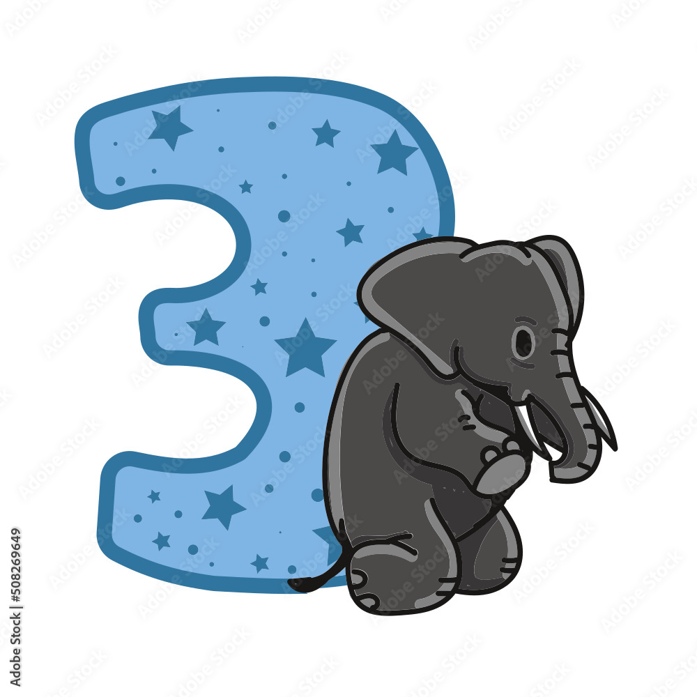 Fototapeta premium elephant Birthday Number 3 Monogram design elephant Three