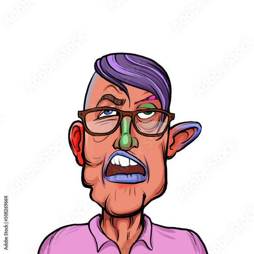 Caricature humor illustration of imaginary cartoon person with funny facial expression isolated on white background