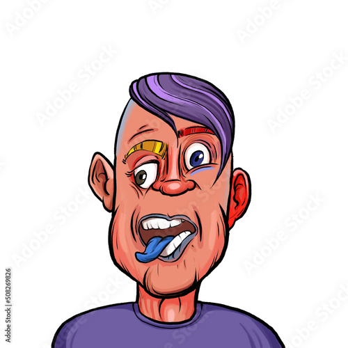 Caricature humor illustration of imaginary cartoon person with funny facial expression isolated on white background