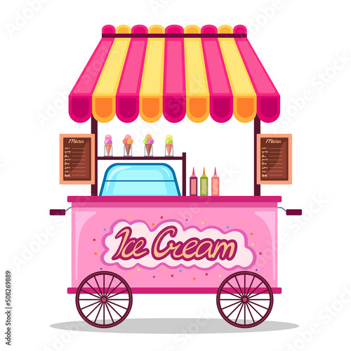 Ice-cream van with colorful canopy, menu, fridge, ice-creams of different tasties. Shop on wheels, food, summer. Flat illustration on a white isolated background. Suit for label, banner, marketing.