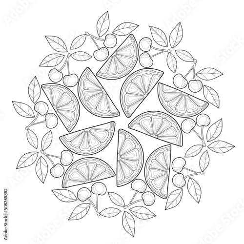 Decorative fruit mandala. Cherries with leaves and orange or lemon slices on a white isolated background. Suit for coloring book