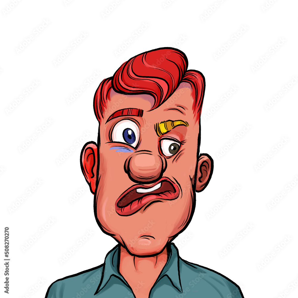 Caricature humor illustration of imaginary cartoon person with funny facial expression isolated on white background