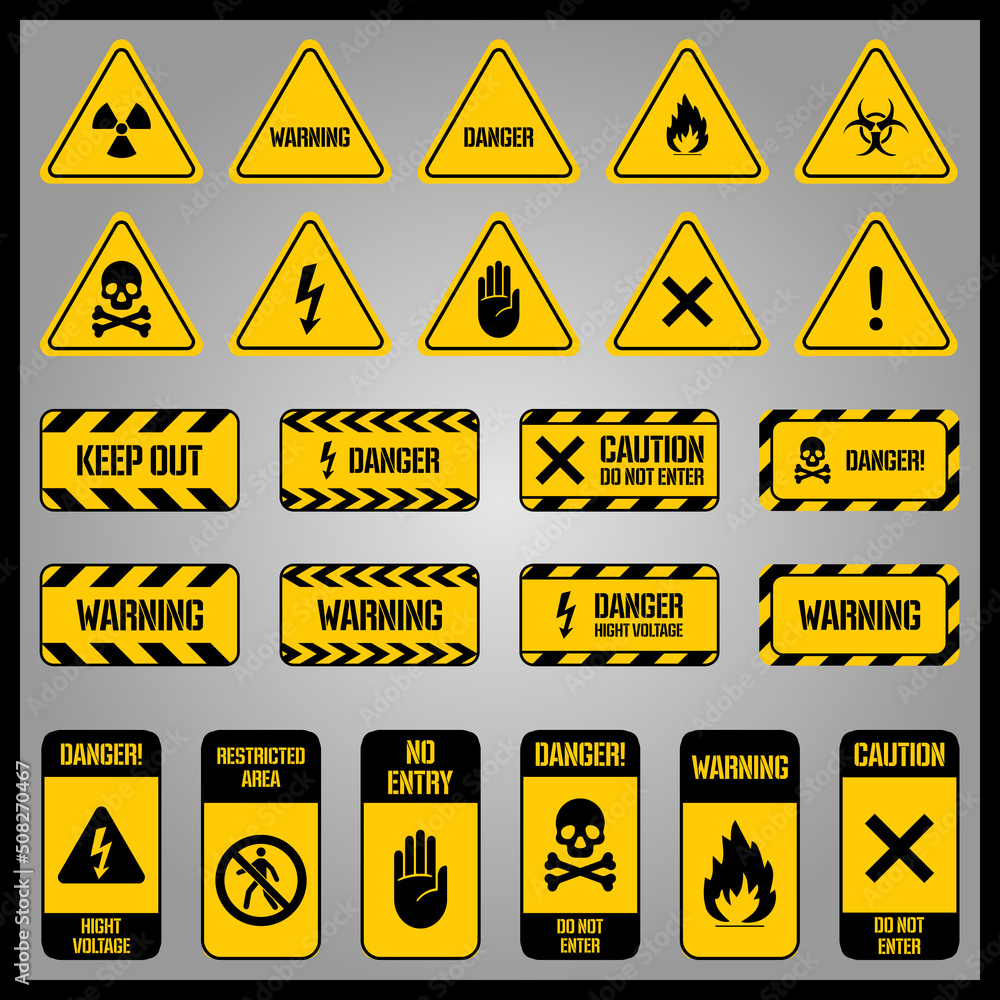 Warning signs. Hazard warning yellow and black tape, striped biohazard ...