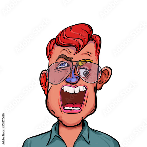 Caricature humor illustration of imaginary cartoon person with funny facial expression isolated on white background