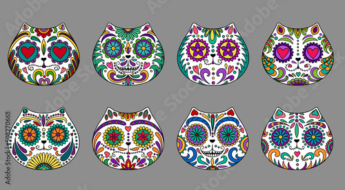 Day of the Dead  skulls set. Mexican dead Cat  skull icons. Dia de los muertos icon. Day of the dead and  Mexican tradition festival. Day of the dead sugar skull isolated. Dia de los Muertos tattoo sk