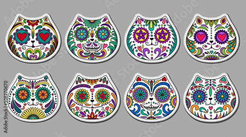 Day of the Dead  skulls stickers set. Mexican dead Cat  skull icons. Dia de los muertos icon. Day of the dead and  Mexican tradition festival. Day of the dead sugar skull isolated. Dia de los Muertos 