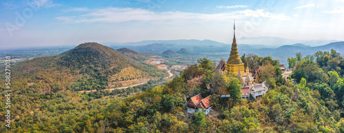Photography Aerial view of Wat Phra Phutthabat Tak Pha temple on top of the mountain in Lamp