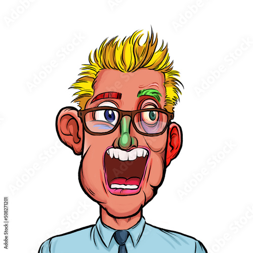 Caricature humor illustration of imaginary cartoon person with funny facial expression isolated on white background