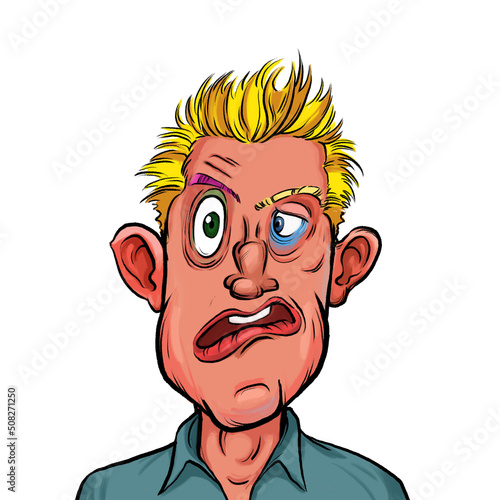 Caricature humor illustration of imaginary cartoon person with funny facial expression isolated on white background