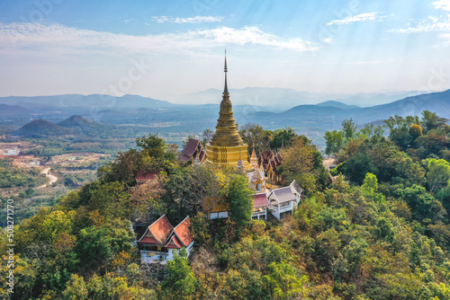 Aerial view of Wat Phra Phutthabat Tak Pha temple on top of the mountain in Lamphun, Thailand © pierrick