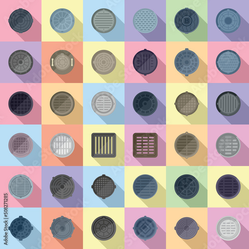 Manhole icons set flat vector. Canalization cap