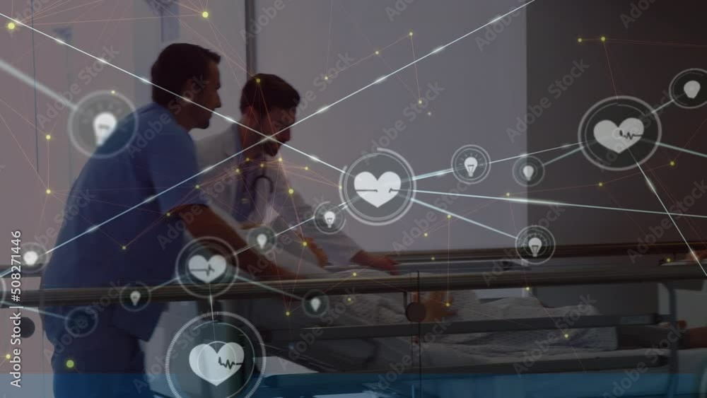 Animation of connections over diverse female and male doctors pulling bed with patient Animation of connections over diverse female and male doctors pulling bed with patient