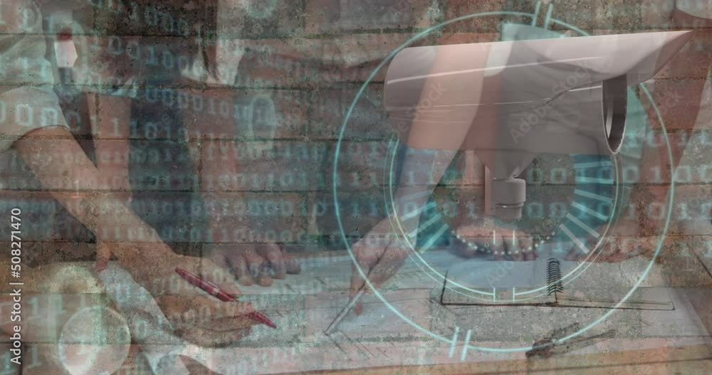 Animation of security camera and binary code over hands of caucasian businesspeople working Animation of security camera and binary code over hands of caucasian businesspeople working