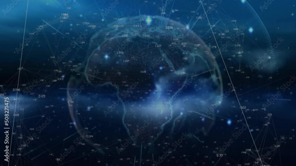 Animation of globe and connections over navy background Animation of globe and connections over navy background