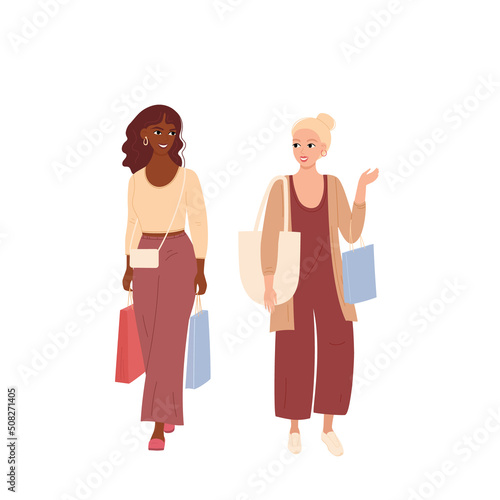 Two young women with shopping bags walking. Smiling girlfriends talking. Flat cartoon vector illustration of female friends isolated on white background