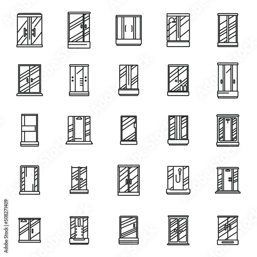 Shower stall icons set outline vector. Ceramic bathroom