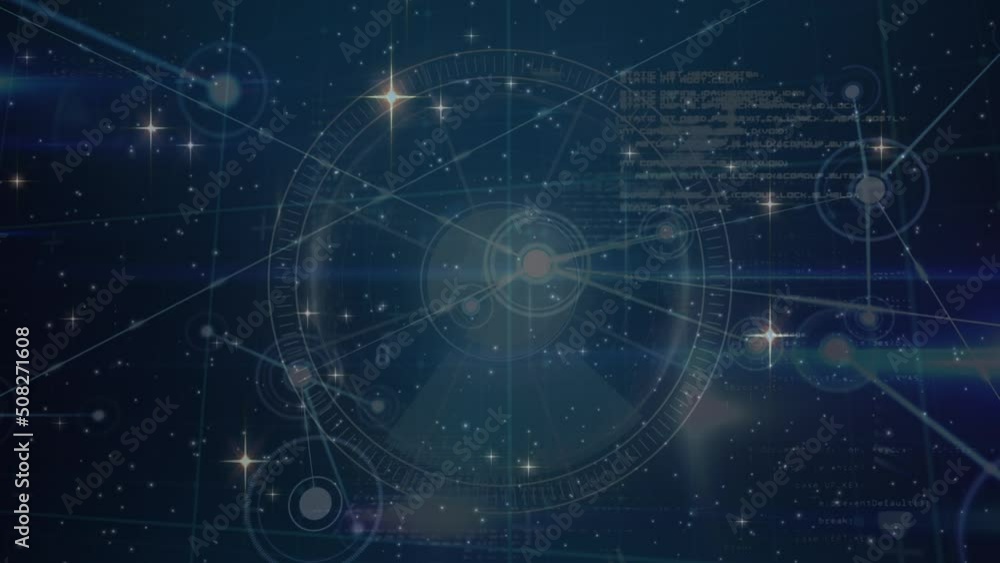 Animation of stars over network of connections and data processing