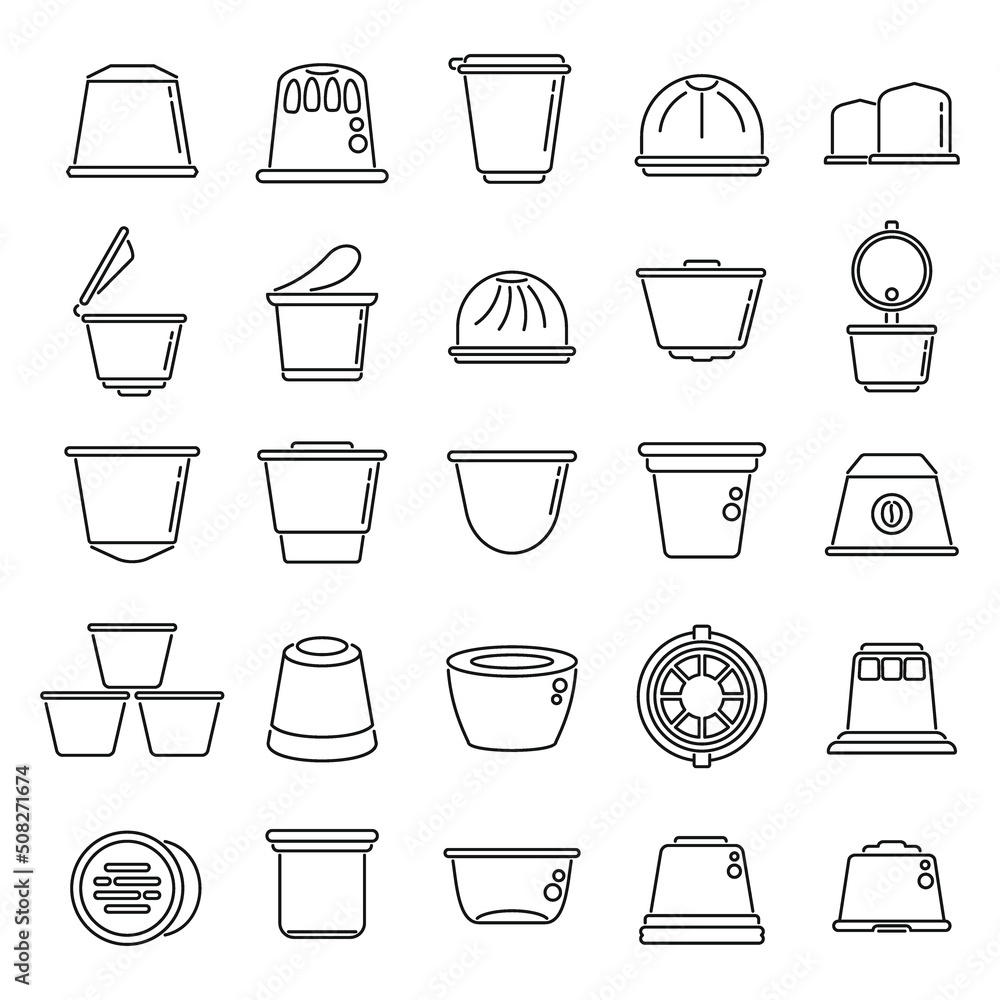 Capsule coffee icons set outline vector. Aroma pod - obrazy, fototapety, plakaty 
