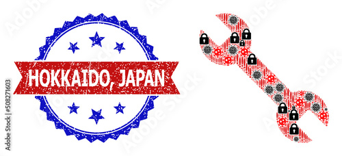 Vector sars virus mosaic spanner icon, and bicolor unclean Hokkaido, Japan seal. Mosaic spanner icon designed with SARS virus, security, warning elements. Vector seal has Hokkaido,