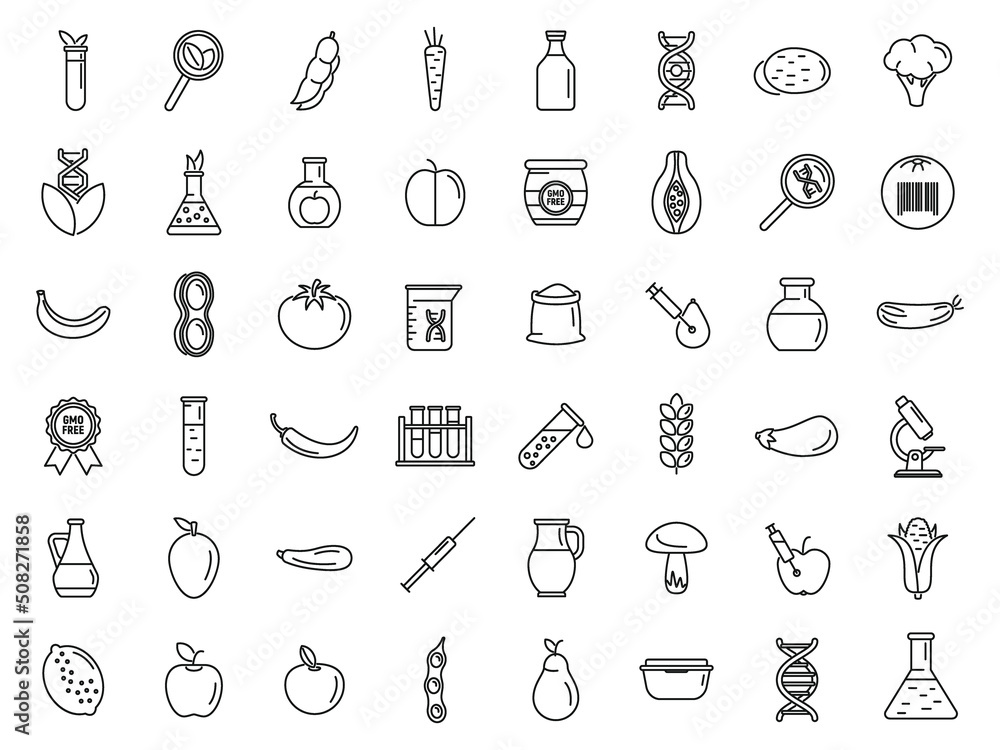 Naklejka premium Gmo food icons set outline vector. Antibiotic corn