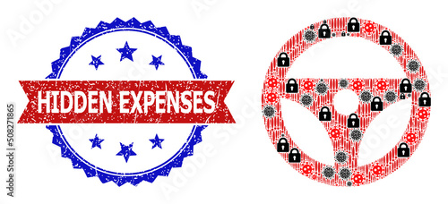 Vector covid virus mosaic steering wheel icon, and bicolor grunge Hidden Expenses seal stamp. Mosaic steering wheel icon is created with SARS virus, secrecy, danger items.