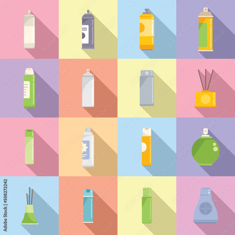 Air freshener icons set flat vector. Auto breathe Air freshener icons set flat vector. Auto breathe