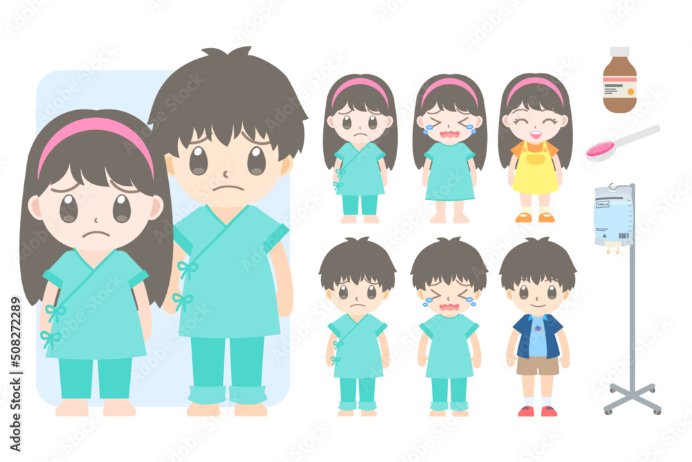 Sick children boy and girl patients in various kinds of illness and injuries flat cartoon vector characters.