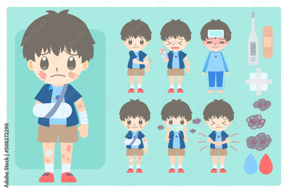 Sick boy in various kinds of illness and injuries flat cartoon vector characters.