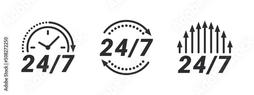 24 hour assistance icons. 24 hours 7 days in week support icons. Symbol Open 24 hours. Vector images