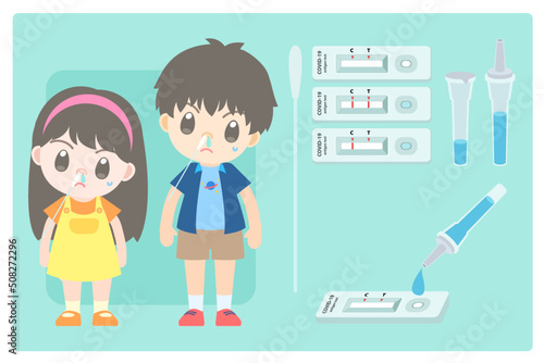 Children boy and girl and how to use self covid-19 nasal swab rapid antigen test kit show positive and negative result flat cartoon vector characters.