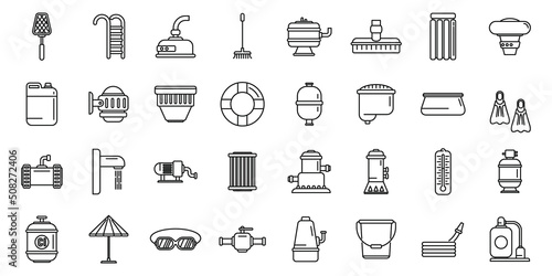 Equipment for pool icons set outline vector. Clean skimmer
