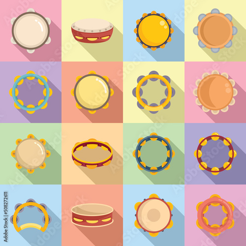 Tambourine icons set flat vector. Carnival samba