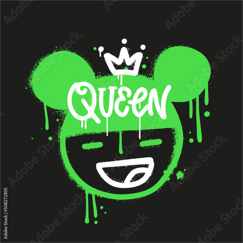 Cool girl with crown - Urban street graffiti style with textured lettering Queen. Trendy girl drawn with splash effect and drops. Print for graphic tee, sweatshirt. Vector hand drawn illustration.