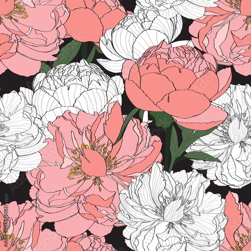 Peony flower seamless pattern. Hand drawn engraved floral background with botanical rose, peony. Simple colored sketch. Great for invitations, fabric, print, greeting cards decor.