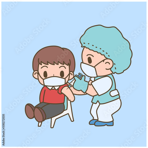 A brown hair boy get covid-19 vaccine vaccinated by medical staff cute pastel cartoon vector characters.
