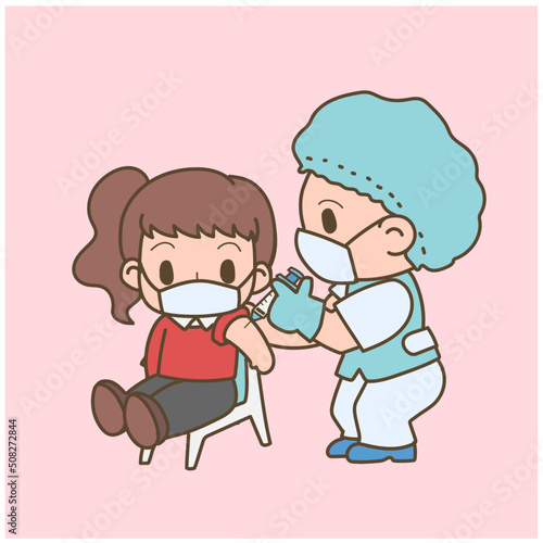 A brown hair girl get covid-19 vaccine vaccinated by medical staff cute pastel cartoon vector characters.