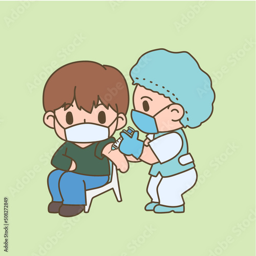A brown hair man get covid-19 vaccine vaccinated by medical staff cute pastel cartoon vector characters.