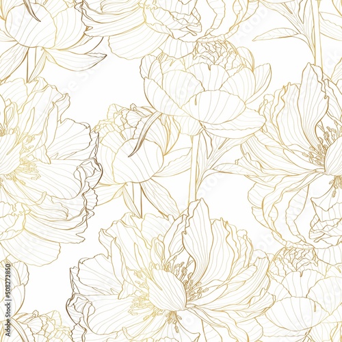 Peony flower seamless pattern. Hand drawn engraved floral background with botanical rose, peony. Golden line sketch. Great for invitations, fabric, print, greeting cards decor.