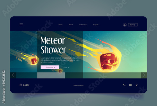 Meteor shower banner with falling fireballs on background of starry sky. Vector landing page of asteroid rain with cartoon illustration of flying meteorites with fire