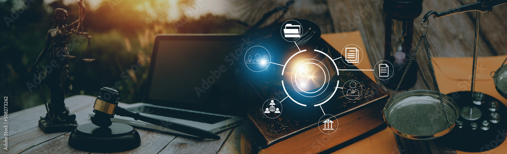 Fototapeta premium Business and lawyers discussing contract papers with brass scale on desk in office. Law, legal services, advice, justice and law concept picture with film grain effect