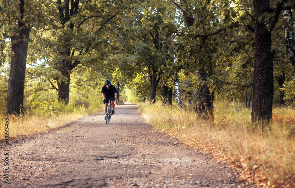 Cyclist in motion. Active man on a bicycle rides on a country road in the woods on a summer evening. Cyclist in motion. Active man on a bicycle rides on a country road in the woods on a summer evening.