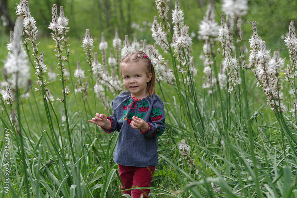 Caucasian litle girl in wildflower meadow Caucasian litle girl in wildflower meadow