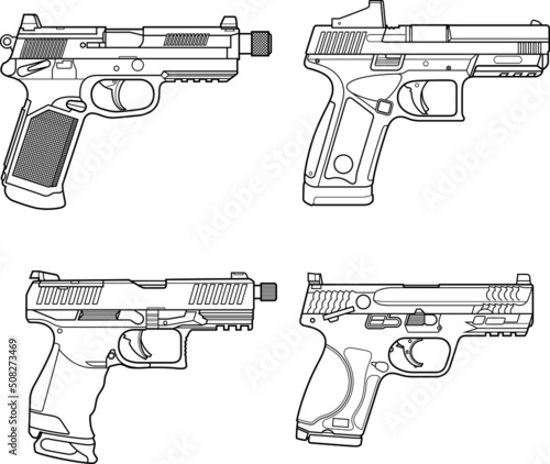 Handguns - set of different guns, pistols. Tactical combat weapon, army accessories.