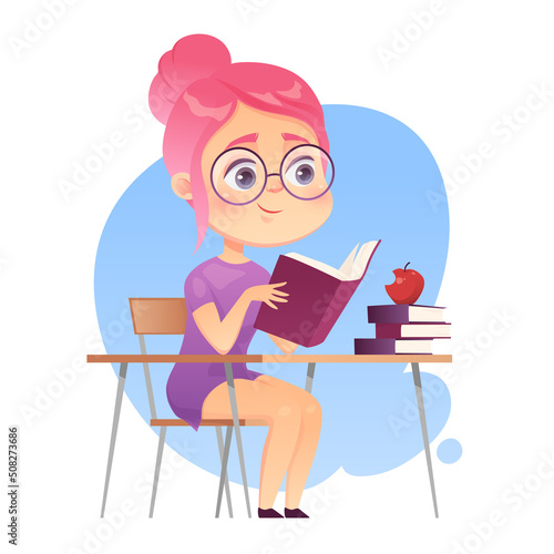Girl student reading books, doing homework at school or university. Cartoon vector illustration