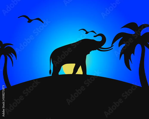 Elephant silhouette with tropical background. Palm trees, birds and sunset.