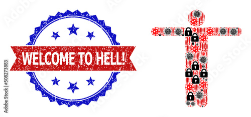 Vector sars virus collage welcome person icon, and bicolor grunge Welcome to Hell! seal stamp. Mosaic welcome person icon is constructed with sars virus, secrecy, exclamation icons.