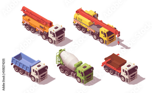 Isometric construction trucks set. Vector illustration