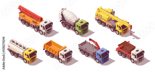 Isometric construction trucks set. Vector illustration